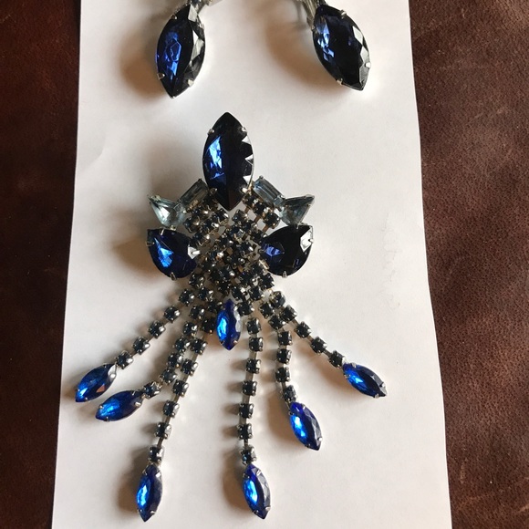 Vintage brooch earring set Blue Rhinestone Navette - Picture 5 of 8